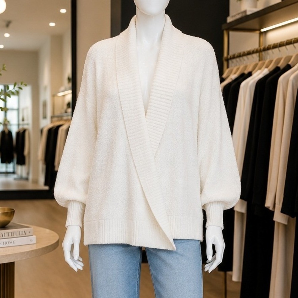 LOFT Womens Sweater Cream Wrap Front Boucle Balloon Sleeve‎ XL